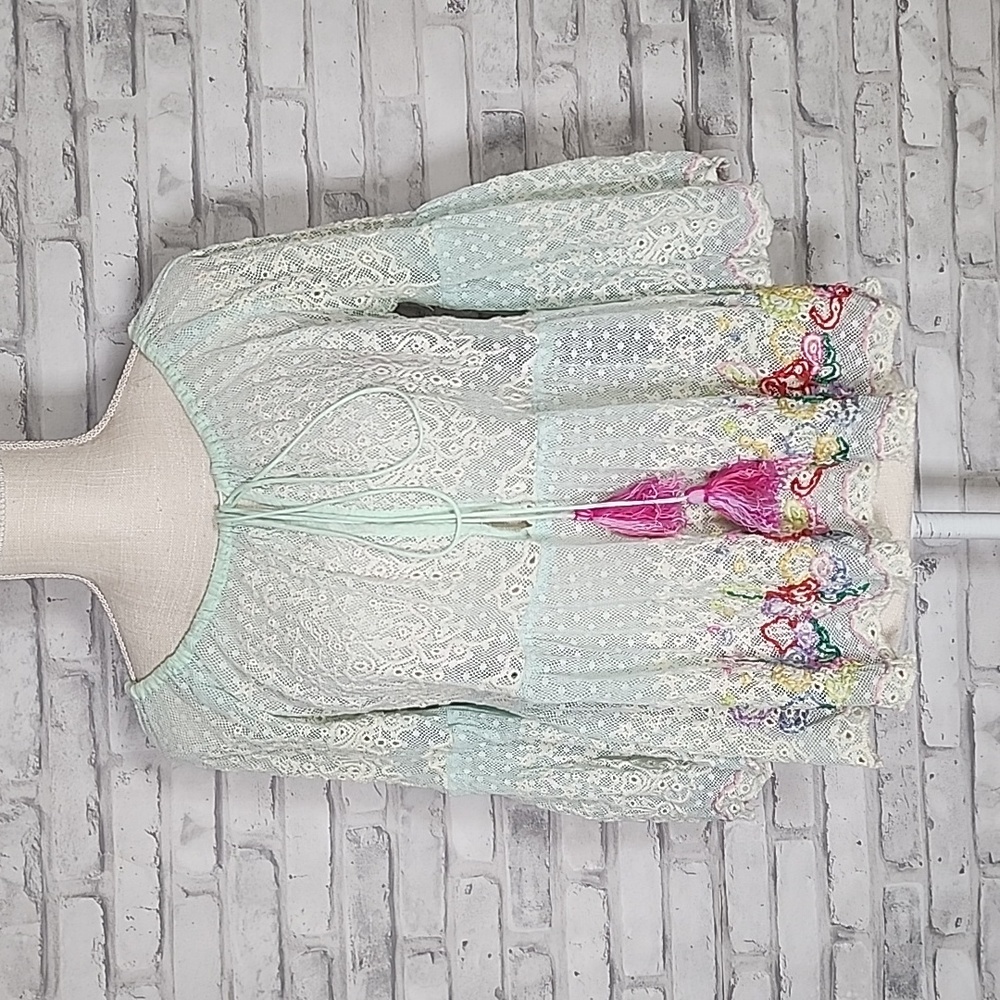 Antica Sartoria Blue Mesh Lace Embroidered Floral Tassel Peasant Top Blouse